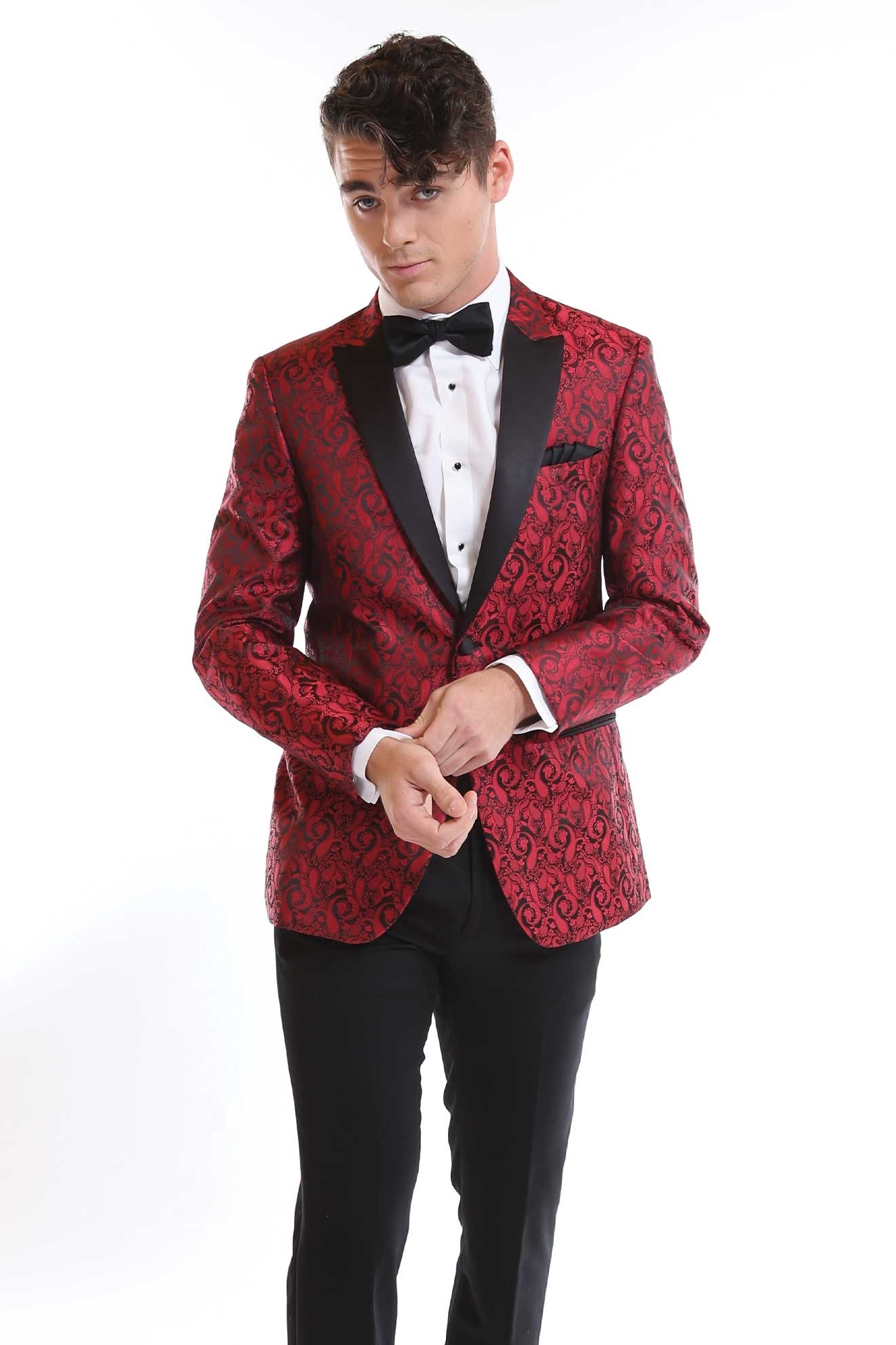 Black And Red Tuxedo Jacket Floral Pattern Slim Fit Blazer, 50% OFF
