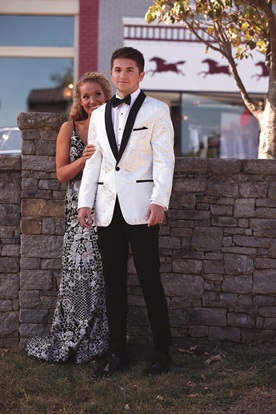 White with Silver Lame' Splash and Black Lapel Tuxedo